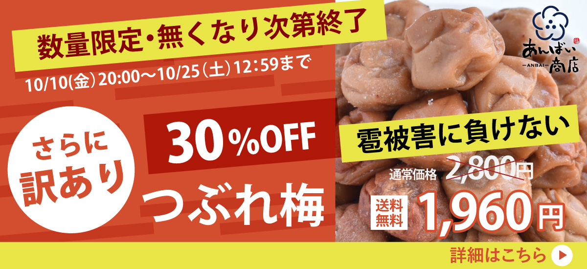 30％OFF、傷ありつぶれ梅・数量限定、無くなり次第終了