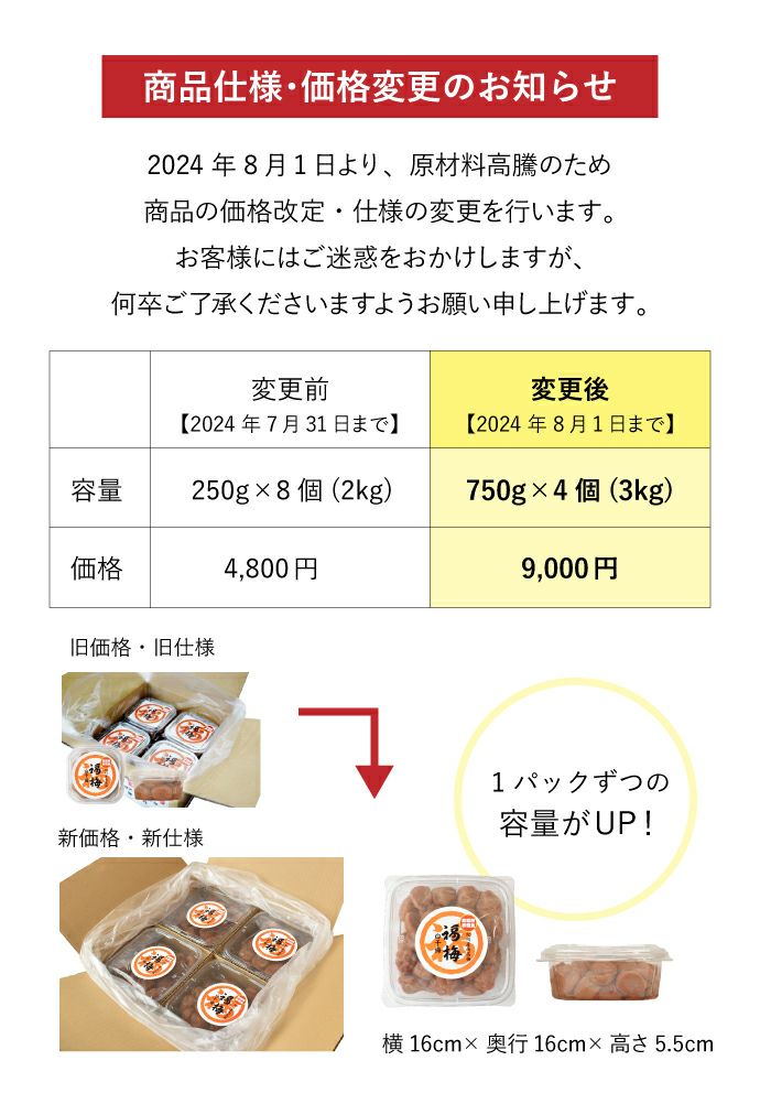 梅干し 無添加 【送料無料】災害時備蓄用 白干梅 750g×4パック（3kg）